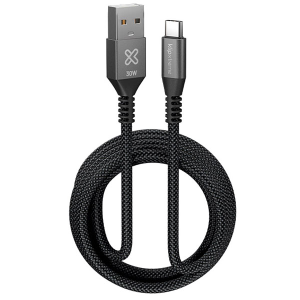 Klip-Xtreme-PowerGo-050_1 Klip Xtreme - USB cable - 24 pin USB-C- 9 pin USB Type A - 3 m - Black - 30W Braided Fast charging - Imagen 1