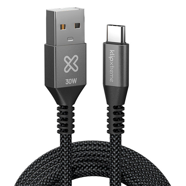 Klip-Xtreme-PowerGo-050_2 Klip Xtreme - USB cable - 24 pin USB-C- 9 pin USB Type A - 3 m - Black - 30W Braided Fast charging - Imagen 2